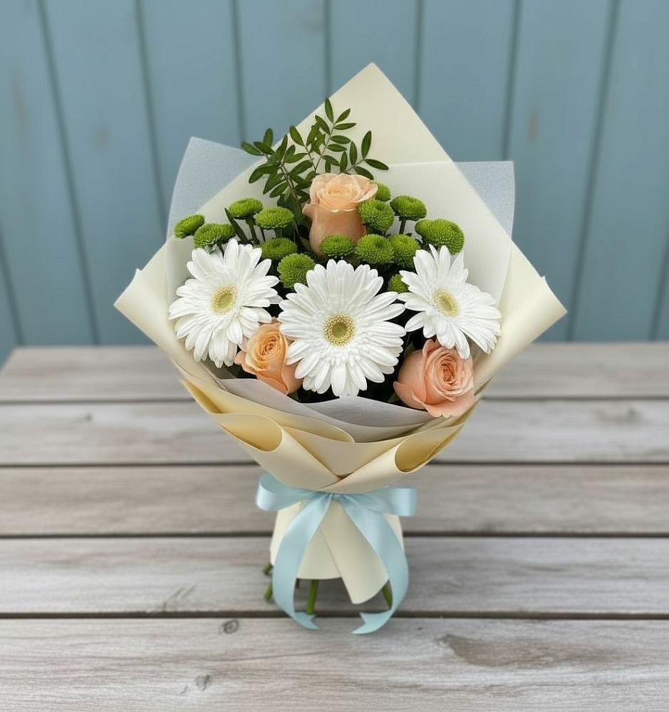 Букет герберы и розы в Тучково Букет цветов из: Герберы, Розы и Хризантемы в Тучково