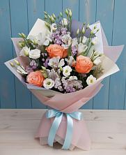 Букет Утренняя свежесть в Тучково Букет цветов из:  Лизиантусы, Розы, Альстромерии и Гипсофила в Тучково