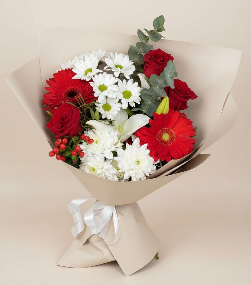 Букет поцелуй лета в Тучково Букет цветов из: Розы, Хризантемы, Герберы и Лилии в Тучково