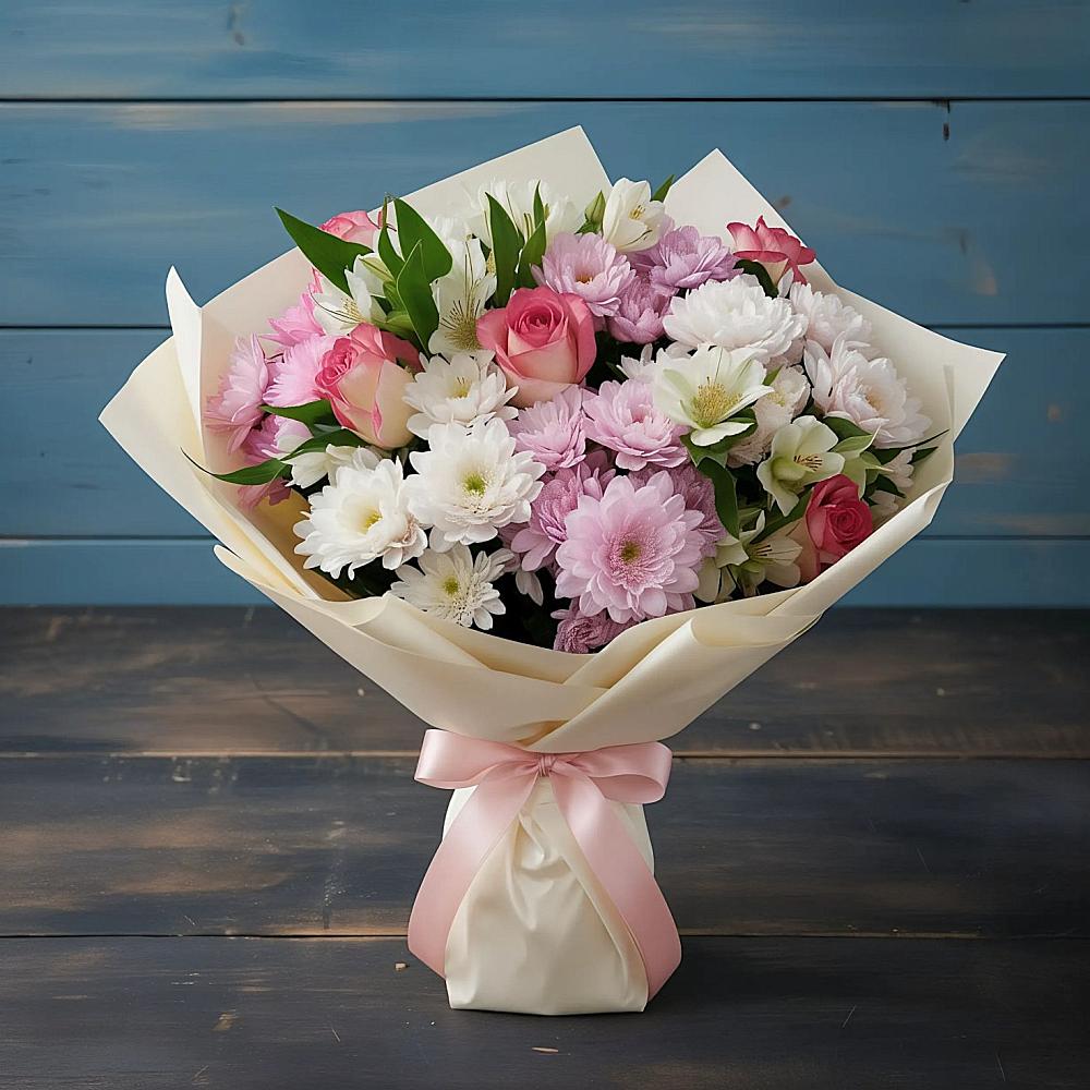 Букет Розовое очарование в Тучково Букет цветов из: Хризантемы, Альстромерии и Розы в Тучково